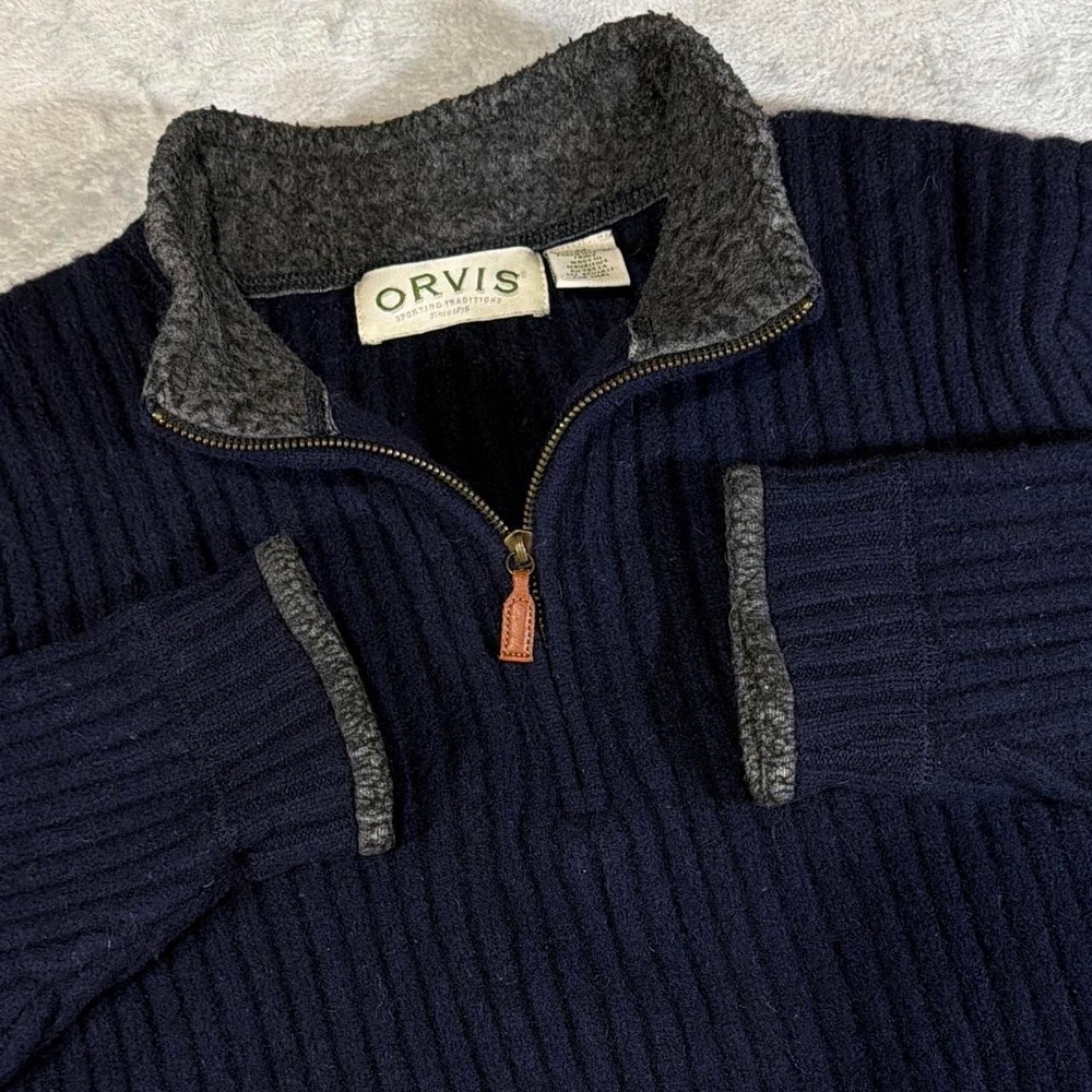 Vintage Orvis Rib Knit Quarter-Zip Lambswool Sweater | Navy Blue | Medium